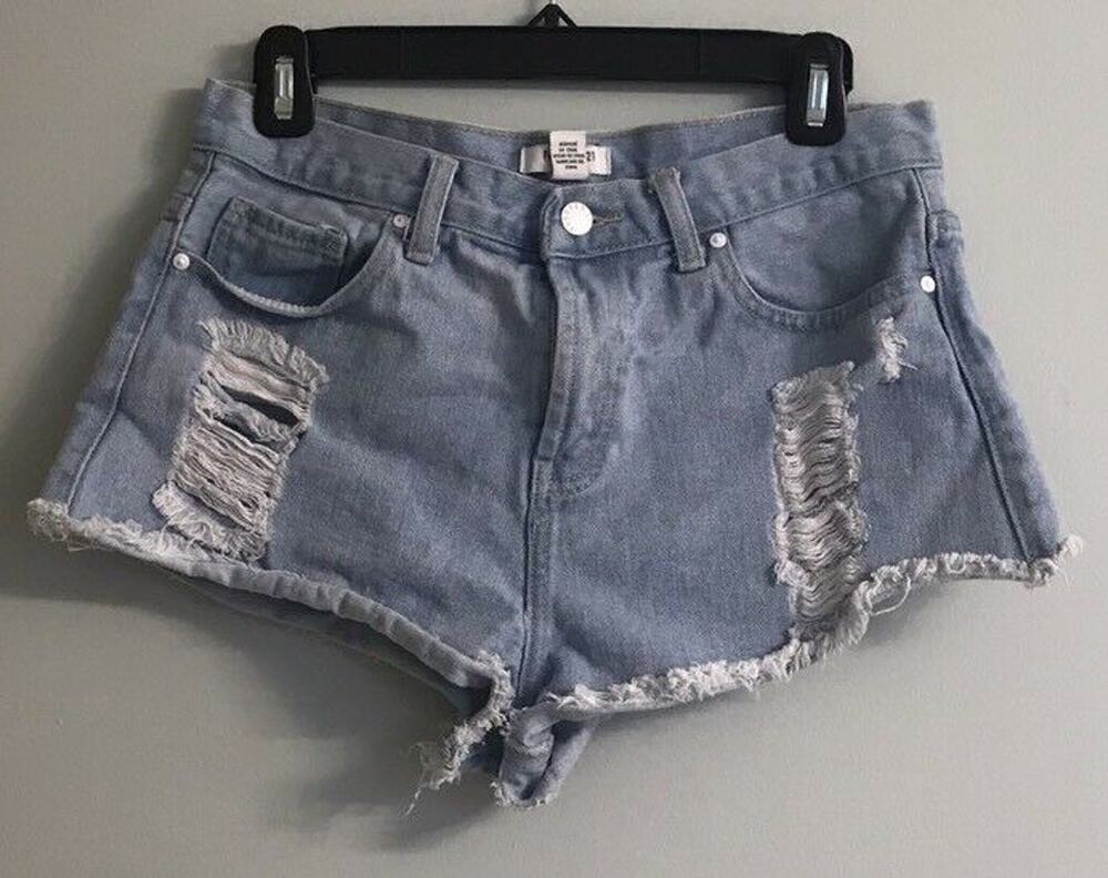 FOREVER 21 High Waisted Distressed Ripped Denim Jean Shorts Sz 28 Beach